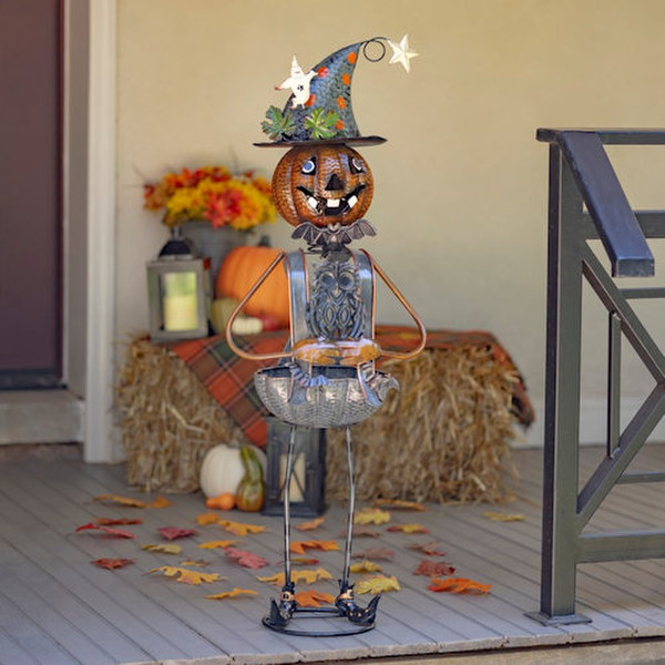 Pumpkin Witch with Owl Candy Holder Statue
